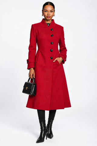 Asymmetrical Button Fit & Flare Jacket, Black, Red