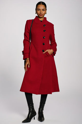 Asymmetrical Button Fit & Flare Jacket, Black, Red