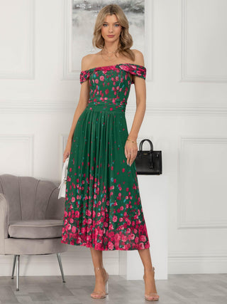 Oliana Mesh Bardot Neckline Dress, Green Floral
