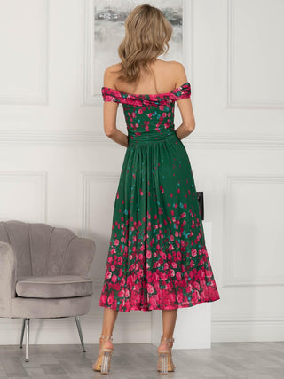 Oliana Mesh Bardot Neckline Dress, Green Floral Jolie Moi Retail Oliana Mesh Bardot Neckline Dress, Green Floral Jolie Moi Retail