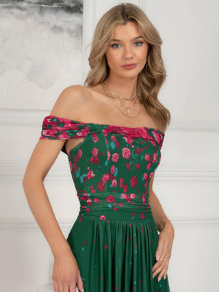 Oliana Mesh Bardot Neckline Dress, Green Floral