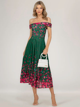 Oliana Mesh Bardot Neckline Dress, Green Floral Jolie Moi Retail Oliana Mesh Bardot Neckline Dress, Green Floral Jolie Moi Retail