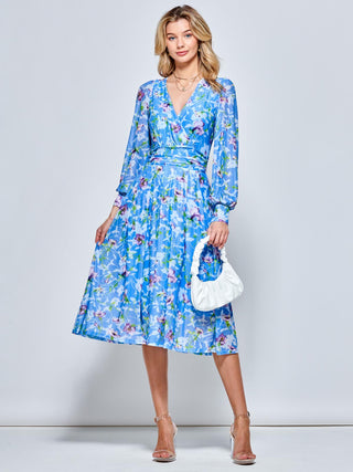 Floral Long Sleeve Mesh Midi Dress, Blue Floral Jolie Moi Retail Floral Long Sleeve Mesh Midi Dress, Blue Floral Jolie Moi Retail