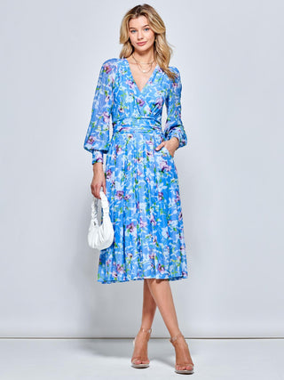 Floral Long Sleeve Mesh Midi Dress, Blue Floral