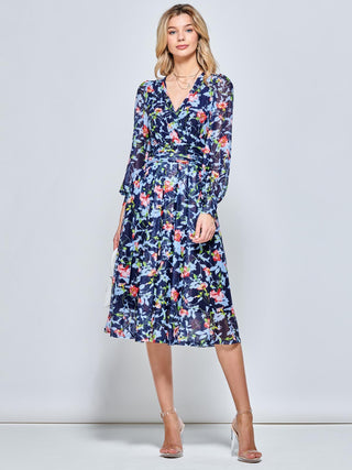 Floral Long Sleeve Mesh Midi Dress, Navy Floral