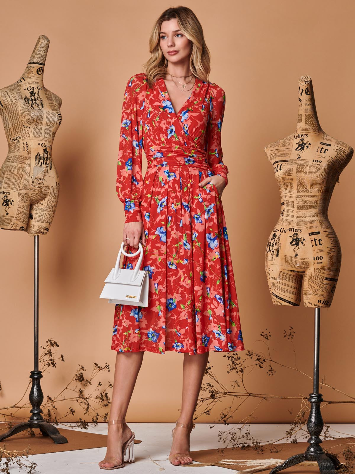 Long sleeve red floral dress sale