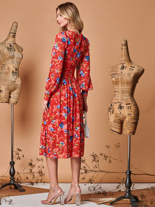 Floral Long Sleeve Mesh Midi Dress, Red Floral Jolie Moi Retail Floral Long Sleeve Mesh Midi Dress, Red Floral Jolie Moi Retail