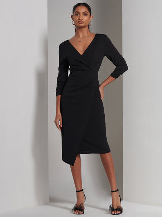 3 4 sleeve black bodycon dress Black Midi Dress With 3/4 Sleeves And Pockets