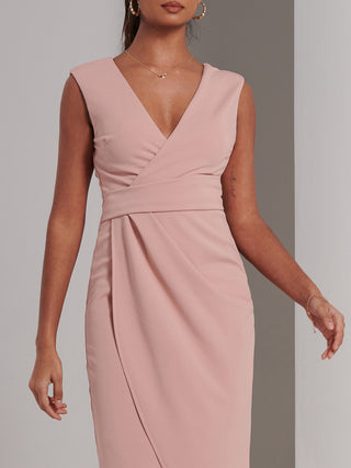 Kiana Wrap Ruched Bodycon Dress, Dusty Pink