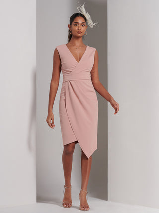 Kiana Wrap Ruched Bodycon Dress, Dusty Pink