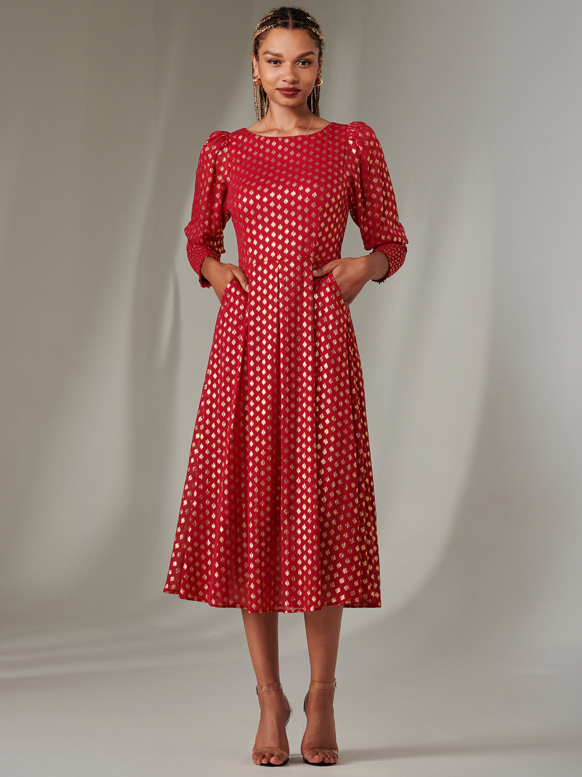 Puff Sleeve Gold Spotty Midaxi Dress, Dark Red – Jolie Moi Retail
