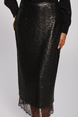 Lace Trim Sequin Pencil Midi Skirt, Black