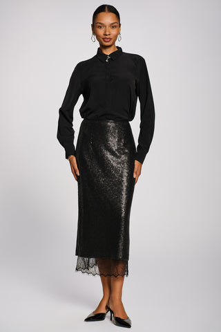 Lace Trim Sequin Pencil Midi Skirt, Black