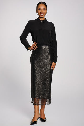 Lace Trim Sequin Pencil Midi Skirt, Black