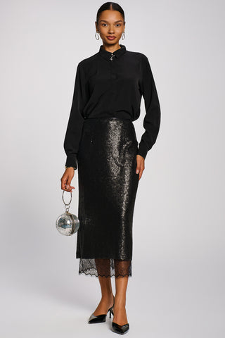 Lace Trim Sequin Pencil Midi Skirt, Black