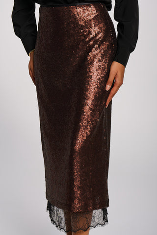 Lace Trim Sequin Pencil Midi Skirt, Brown