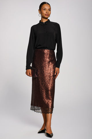 Lace Trim Sequin Pencil Midi Skirt, Brown
