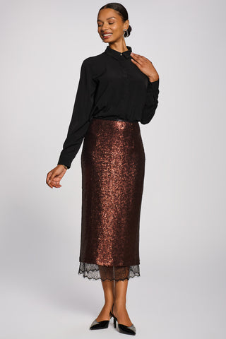 Lace Trim Sequin Pencil Midi Skirt, Brown