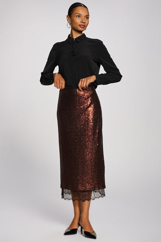 Lace Trim Sequin Pencil Midi Skirt, Brown