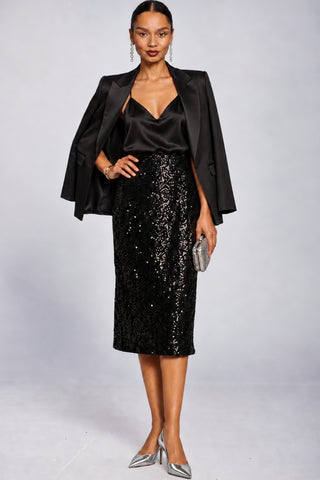 Sequin Pencil Midi Skirt, Black