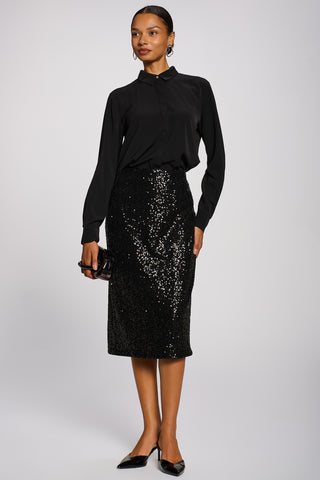 Sequin Pencil Midi Skirt, Black