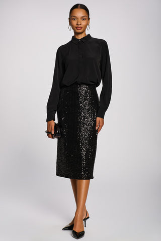 Sequin Pencil Midi Skirt, Black