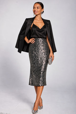 Sequin Pencil Midi Skirt, Metallic Silver
