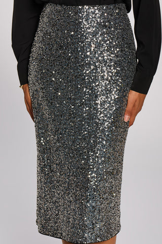 Sequin Pencil Midi Skirt, Metallic Silver