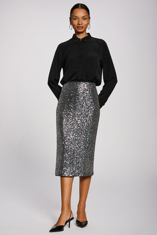 Sequin Pencil Midi Skirt, Metallic Silver