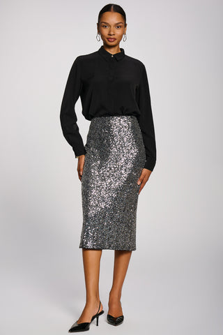 Sequin Pencil Midi Skirt, Metallic Silver
