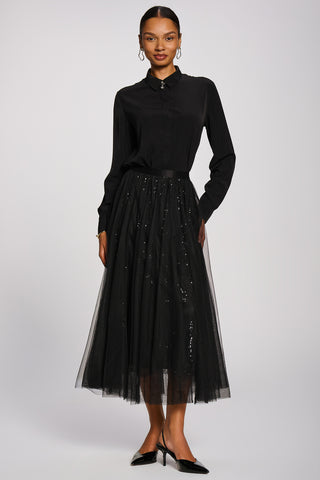 Sequin Mesh Multi Layered Maxi Skirt, Black