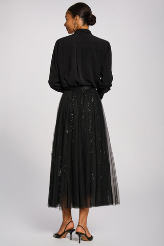 Sequin Mesh Multi Layered Maxi Skirt, Black