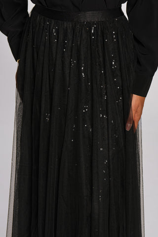Sequin Mesh Multi Layered Maxi Skirt, Black