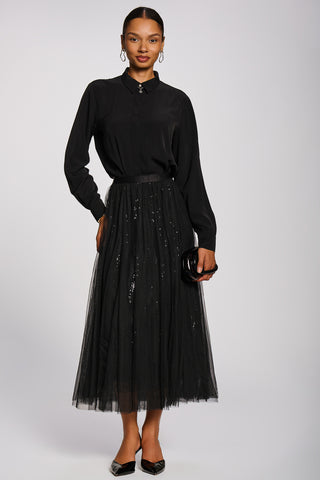 Sequin Mesh Multi Layered Maxi Skirt, Black