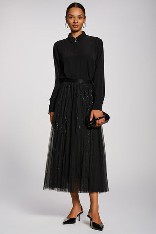 Sequin Mesh Multi Layered Maxi Skirt, Black