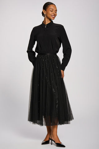 Sequin Mesh Multi Layered Maxi Skirt, Black