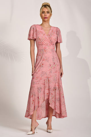 Mesh Wrap Midaxi Dress, Pink Floral
