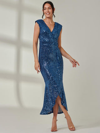 Sequin Wrap Fishtail Maxi Dress, Navy