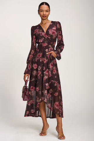Printed Frill Mesh Maxi Dress, Burgundy Floral