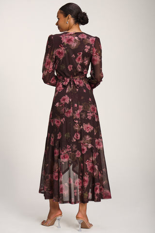 Printed Frill Mesh Maxi Dress, Burgundy Floral