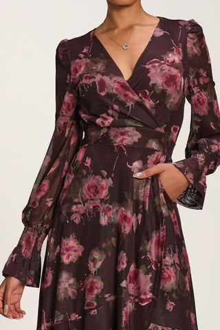 Printed Frill Mesh Maxi Dress, Burgundy Floral
