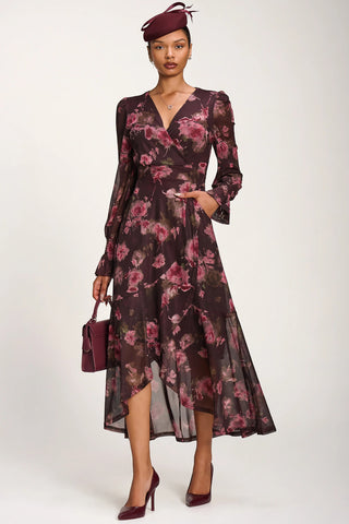 Printed Frill Mesh Maxi Dress, Burgundy Floral