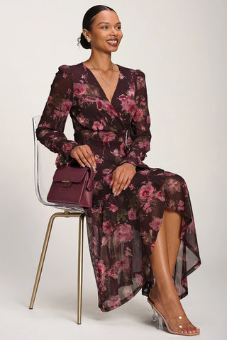Printed Frill Mesh Maxi Dress, Burgundy Floral
