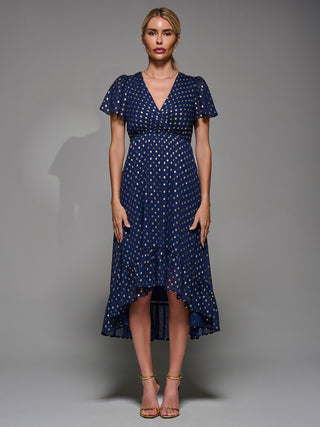 Petite Short Sleeve Midaxi Dress, Navy/Gold