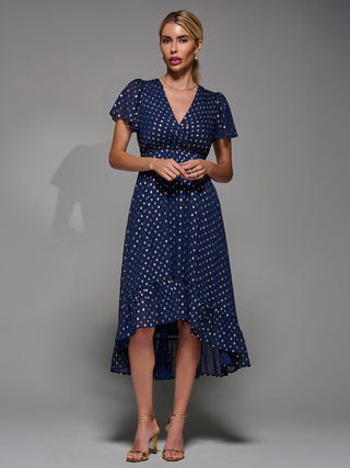 Petite Short Sleeve Midaxi Dress, Navy/Gold