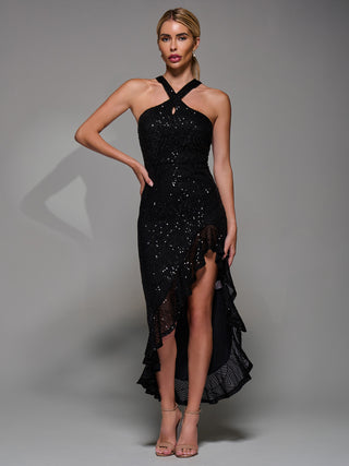 Cross Neck Side Ruffle Sequin Dress, Black