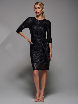 3/4 Sleeve Sequin Dress, Black Jolie Moi Retail 3/4 Sleeve Sequin Dress, Black Jolie Moi Retail
