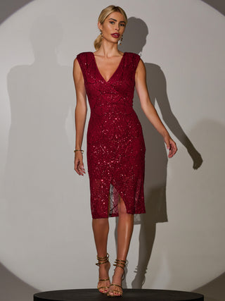Sequin Wrap Bodycon Dress, Dark Red