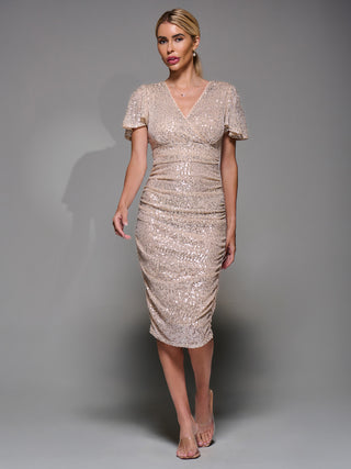 Flare Sleeve Sequin Dress, Beige Silver