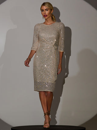 ¾ Sleeve Side Ruched Shift Dress, Beige Silver